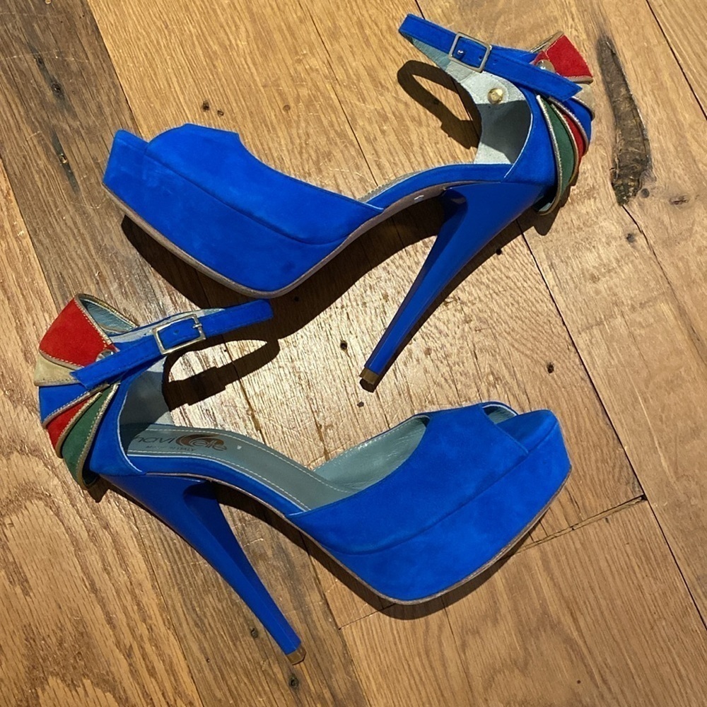 Havi Elle Rare Luxury Cobalt Blue Platform Suede PeepToe Made in Italy Heels 7.5 - Picture 7 of 13